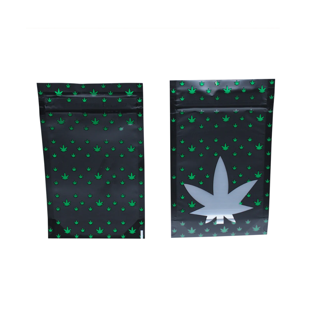 Mylar 1/2oz Child Resistant ASTM Exit Bags (Black Leaf Design)