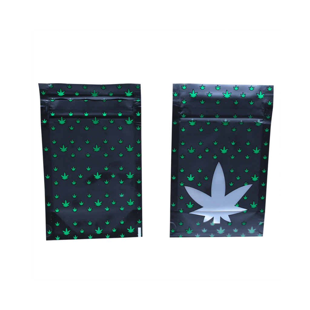 Mylar 1/4oz Child Resistant ASTM Exit Bag (Black Leaf Design)